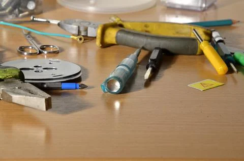 Tools on a workbench, tools on a wooden table, a set of tools. Fotos de archivo