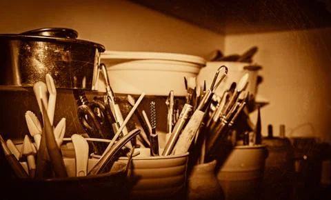 Tools for working with clay, stylization of the old photo Stock Photos