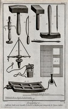 Tools for working marble and a machine for transporting sculpted figures. E.. Illustrazione stock