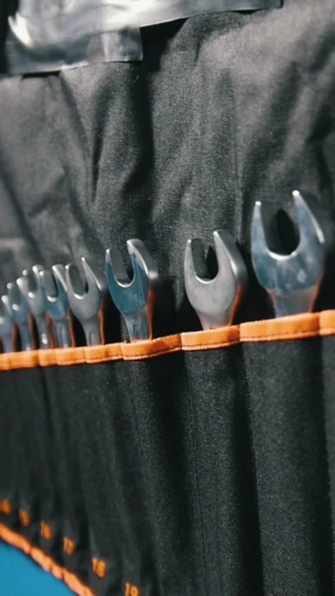 Tools, wrench set in storage pockets Stock Footage 336307343