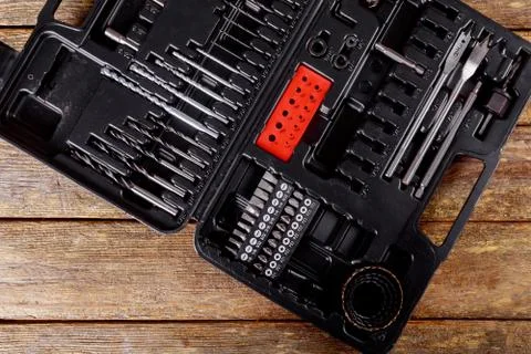 Toolset with interior compartments to keep wrenches, ring spanners and other  Stock Photos