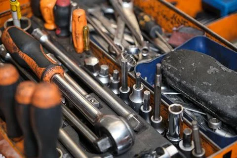Toolset with ring spanners, screwdrivers, wrenches, bit socket set. Stock Photos