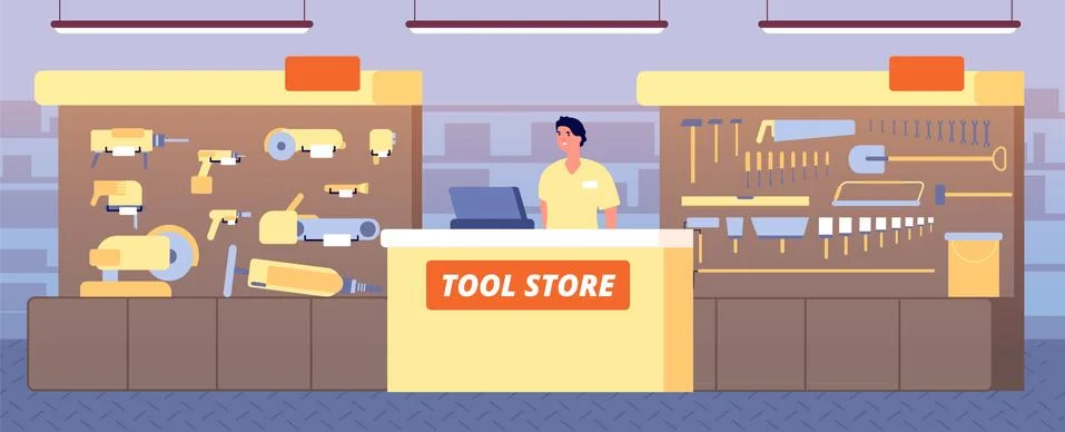 Toolstore interior. Tools shop, construction hardware on shelf. Salesman at Stock Illustration