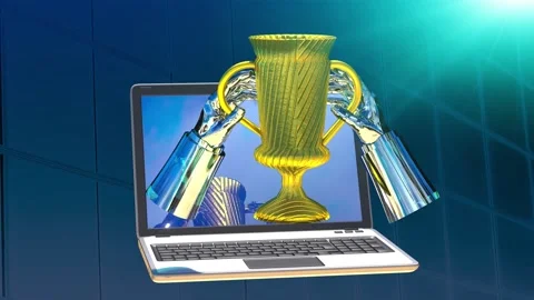 Toon background animation of the winner's cup in hands from a laptop Stock Footage 258999568