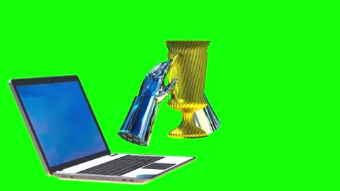 Toon background animation of the winner's cup in hands from a laptop on green Stock-Footage 258999903