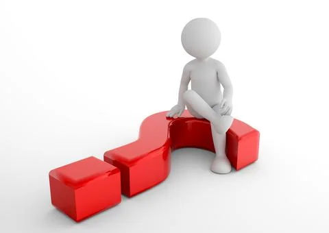 Toon man sitting on 3d question mark. FAQ, ask, search concepts Illustrazione stock
