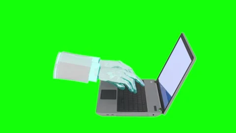 Toon robotic metal hands work on a laptop on green Stock Footage 258996743