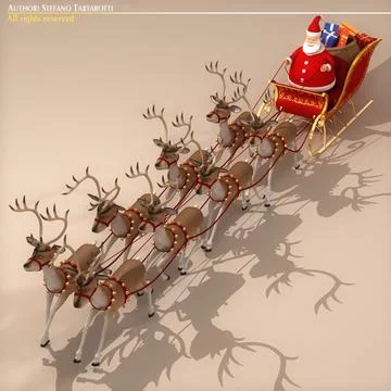 Toon Santa in Sleigh with Reindeer 3D Model