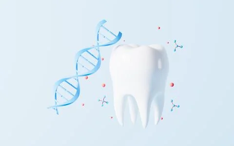 Tooth and DNA in the blue background, 3d rendering. Illustrazione stock