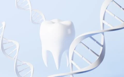 Tooth and DNA in the blue background, 3d rendering. Illustrazione stock