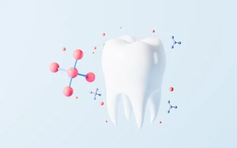 Tooth and molecules in the blue background, 3d rendering. Illustrazione stock