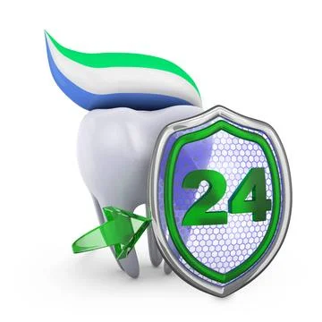 The tooth and shield. The tooth and shield on white background. 3D render.... Stock Photos