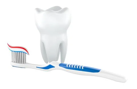 Tooth and toothbrush with toothpaste. 3D rendering Stock Illustration
