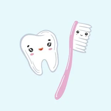 Tooth and toothbrush. Vector illustration for dentistry. Kawaii characters. Stock Illustration