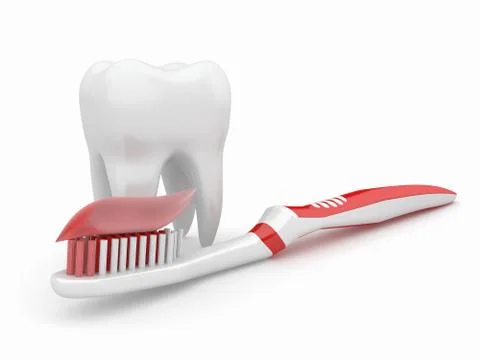 Tooth and toothbrush on white isolated background. 3d Illustration