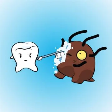 Tooth attacks the bacteria using tooth brush with bubbles. Ilustração Stock