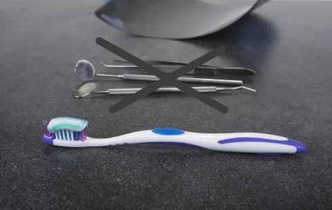 Tooth brush and paste with dental tools. Clean your teeth scene. Stock Photos