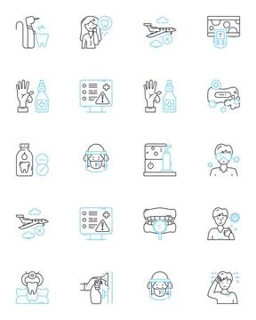 Tooth care linear icons set. Flossing, Brushing, Mouthwash, Gum, Dental, Tartar Stock Illustration
