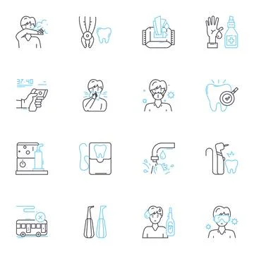 Tooth care linear icons set. Flossing, Brushing, Mouthwash, Gum, Dental, Tartar Stock Illustration