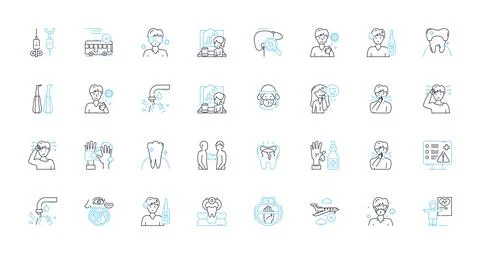 Tooth care linear icons set. Flossing, Brushing, Mouthwash, Gum, Dental, Tartar Stock Illustration