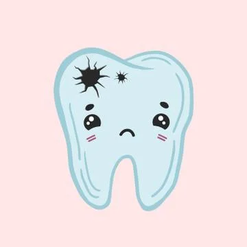 Tooth with caries. Color vector drawing of a sick tooth. Kawaii rusty charact Stock Illustration