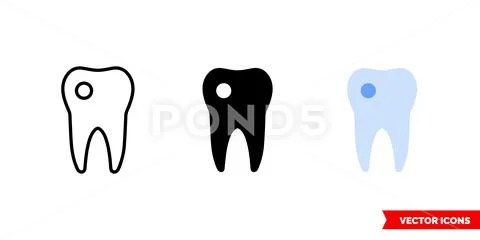 Tooth caries icon of 3 types color, black and white, outline. Isolated ...