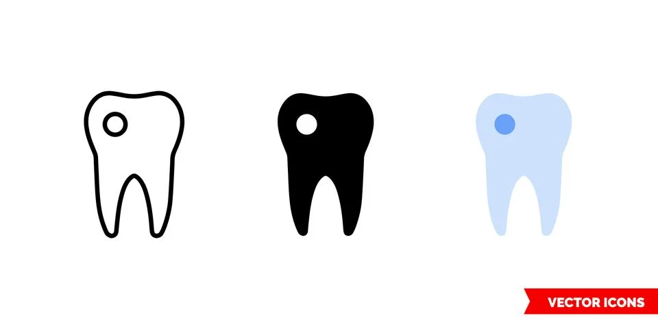 Tooth caries icon of 3 types color, black and white, outline. Isolated vector Illustrazione stock