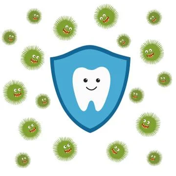 Tooth character in protective shield. Germs characters attack. Stock Illustration