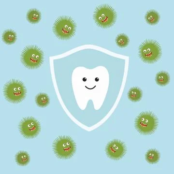 Tooth character in protective shield. Germs characters attack. Stock Illustration
