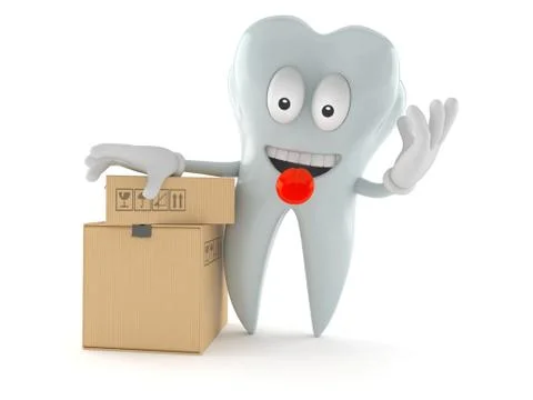 Tooth character with stack of boxes Stock Illustration