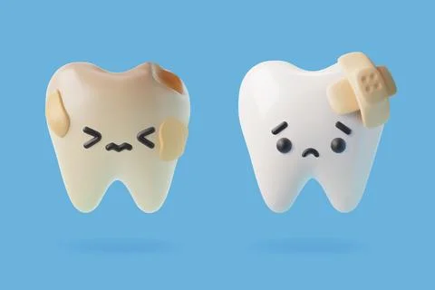 Tooth characters with medical patch or plaster, isolated 3d vector Ilustración de archivo