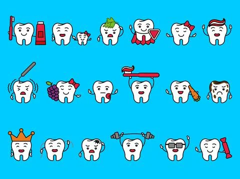 Tooth characters set. Happy teeth hold brush and toothpaste, , dental clinic Stock Illustration