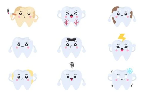 Tooth characters showing dental problems including smoking, root inflammati.. Illustrazione stock
