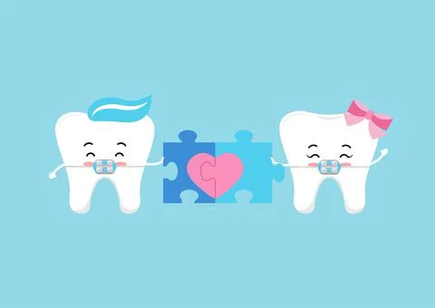Tooth couple in brackets with two puzzle pieces forming heart. Illustrazione stock