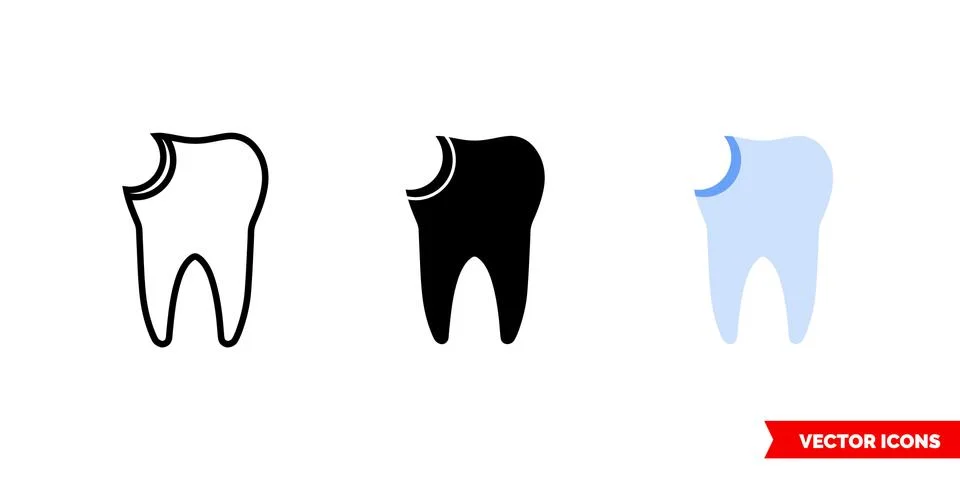 Tooth cracked icon of 3 types color, black and white, outline. Isolated vecto Stock Illustration