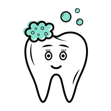 Tooth cute character with toothpaste and bubbles. Linear doodle icon with b.. Stock Illustration