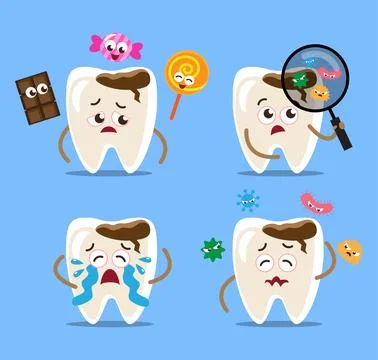 Tooth decayed or Dental caries . Set of teeth cartoon characters . Isolated.. イラスト素材