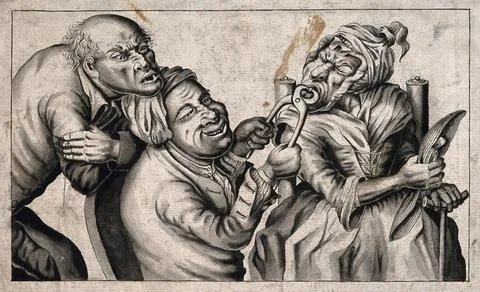 A tooth-drawer using pincers to extract a tooth from an old woman, her husb.. Stock Illustration