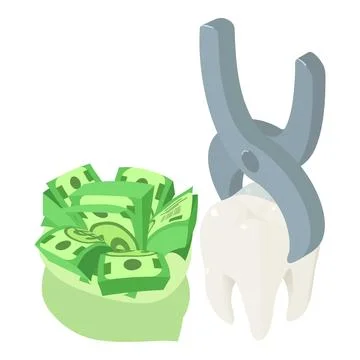 Tooth extraction icon isometric vector. Tooth clamped in medical forcep cash bag Stock Illustration