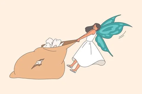 Tooth fairy pulls large bag of children molars, leaving money for little ones as Stock Illustration