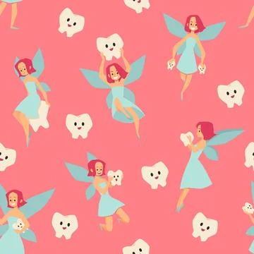 Tooth Fairy seamless vector pattern. Kids dental clinic stickers. Cartoon style 스톡 일러스트