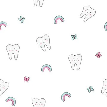 Tooth Fairy Vector Seamless Pattern With Cute Teeth Rainbow And Flowers For Kids Illustrazione stock
