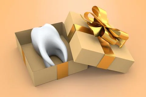 Tooth in a gift box with a gold bow Stock Illustration