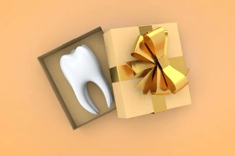 Tooth in a gift box with a gold bow. 3d illustration medical Stock Illustration