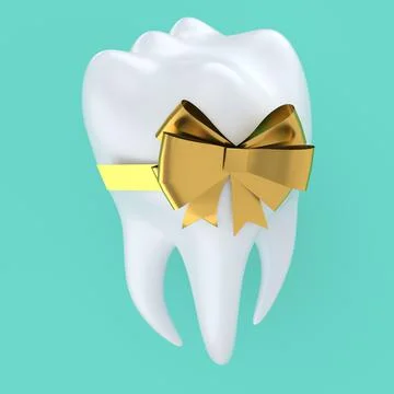 Tooth with gold gift bow. Ceramic 3d rendering dental model Stock Illustration