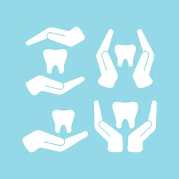 Tooth in hands white color vector icon set isolated on blue background. Illustrazione stock