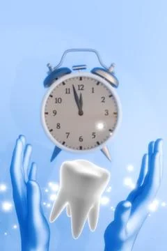 A tooth held by hands with an alarm clock, symbolizing dental care Stock-Illustration