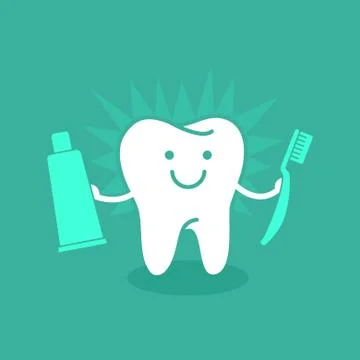 Tooth holding toothpaste and toothbrush. Stock Illustration