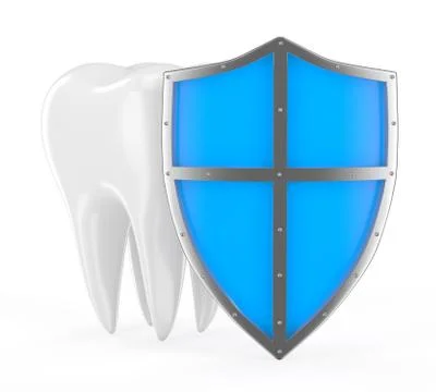 Tooth with metal shield on white background (Protection Concept) Illustrazione stock