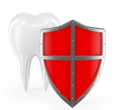Tooth with metal shield on white background (Protection Concept) Illustrazione stock